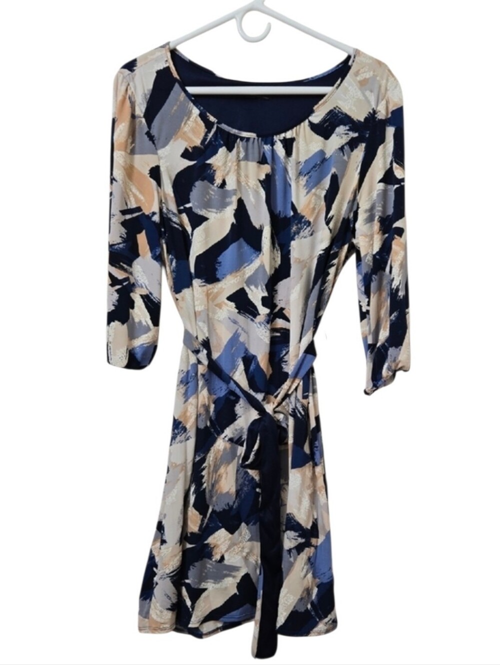 R&K Abstract Paint Stroke Dress XL Navy Blue Tan 3/4 Sleeve XL